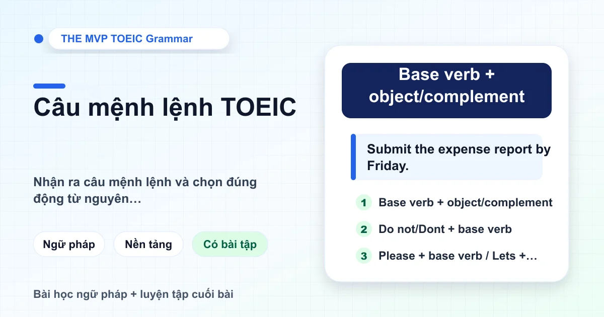 Thẻ ngữ pháp TOEIC minh họa cấu trúc câu mệnh lệnh